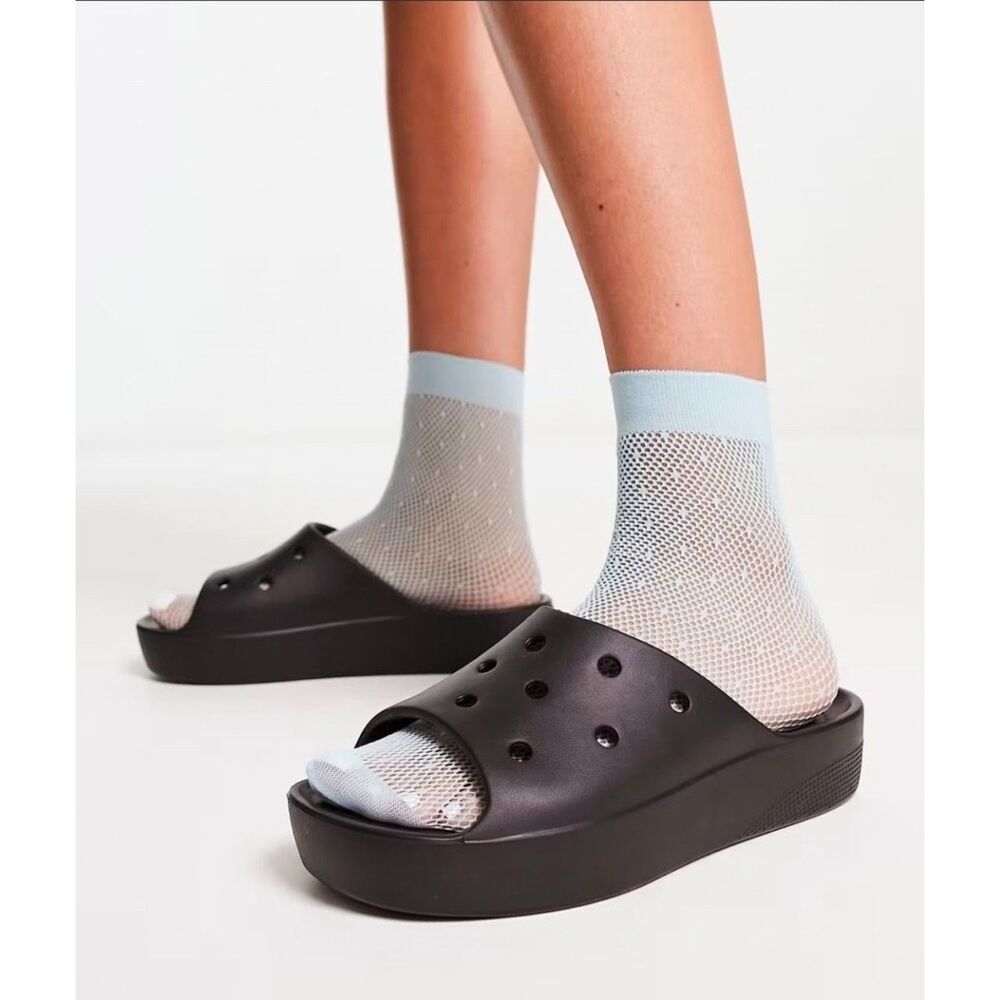Crocs Classic Platform Slide Sandals Womens 8 Black W8 Jibbitz Comfort 208180